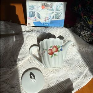 Corelle White Teapot with Red Apple and Blue Berry Decoration